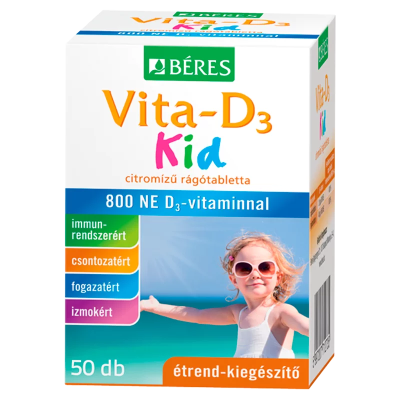 Béres Vita-D3 Kid 800 NE citrom ízű étrend-kiegészítő rágótabletta D3-vitaminnal 50 x 0,54 g (27 g)