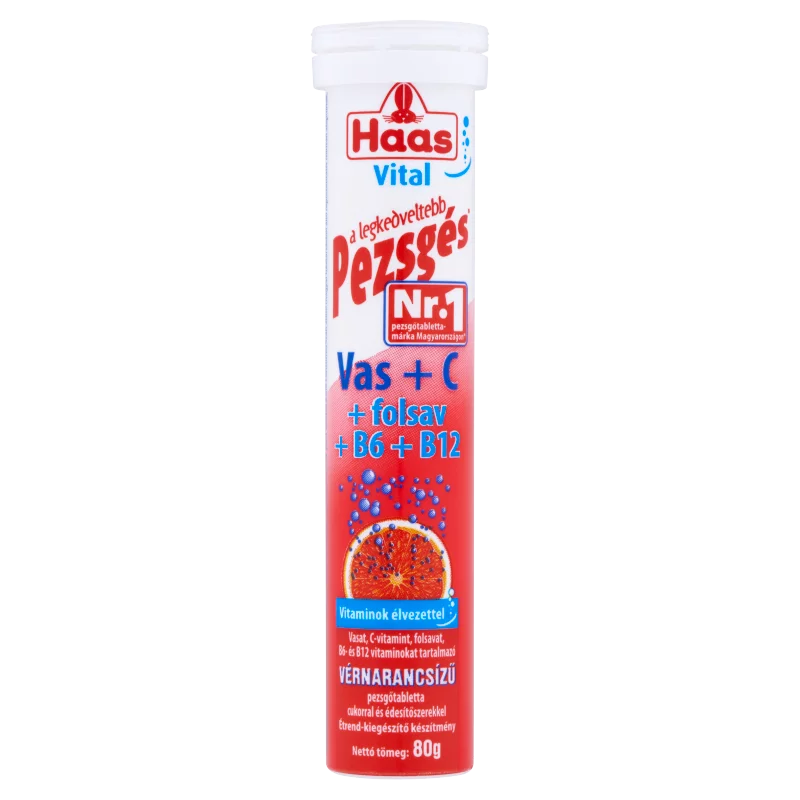 Haas Vital Vas + C + folsav + B6 + B12 vérnarancsízű étrend-kiegészítő pezsgőtabletta 80 g