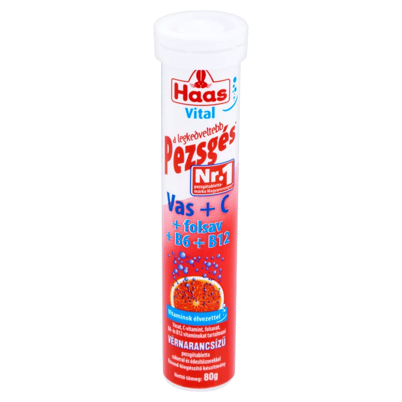 Haas Vital Vas + C + folsav + B6 + B12 vérnarancsízű étrend-kiegészítő pezsgőtabletta 80 g