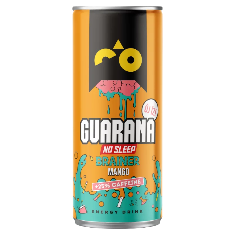 Guarana No Sleep Brainer mangó ízű, szénsavas, alkoholmentes ital koffeinnel és vitaminokkal 250 ml