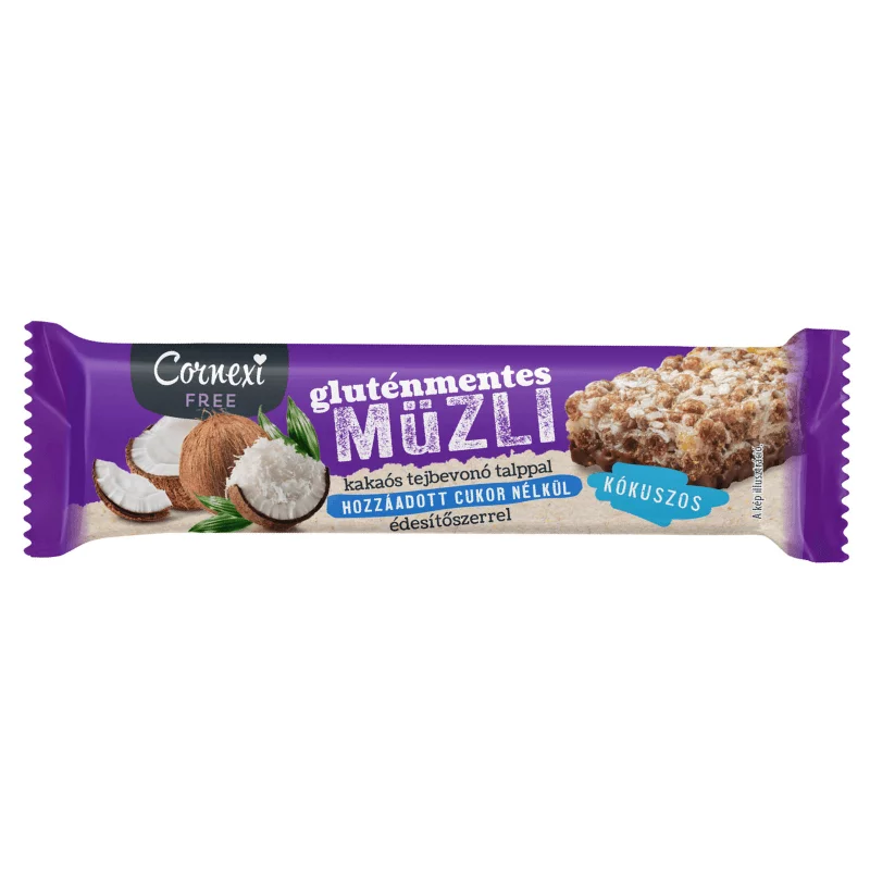 Cornexi müzliszelet 25g kókuszos kakaós tejbevonó talppal, édesítőszerrel, HCN, GM