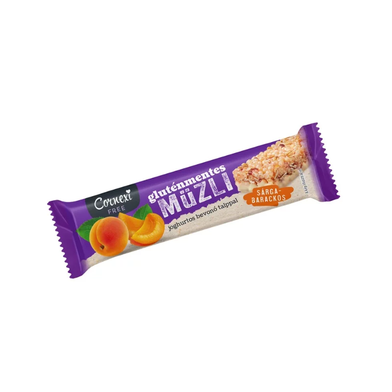 Cornexi müzliszelet 25g sárgabarackos, joghurtos tejbevonó talppal gluténmentes