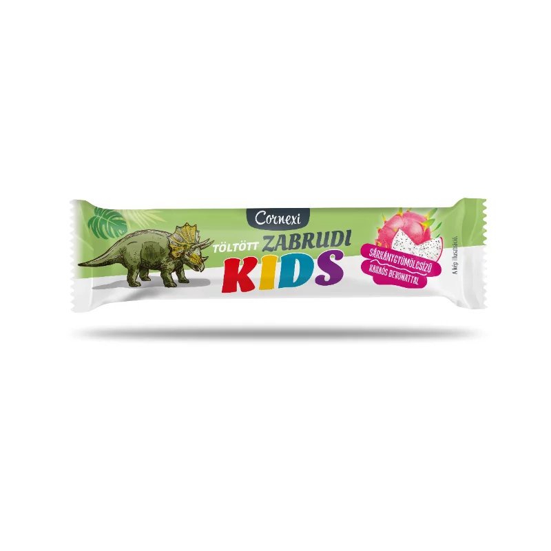Cornexi zabrudi 30g sárkánygyümölcs-málnás töltelékkel tölt. kakaós bevon. Kids