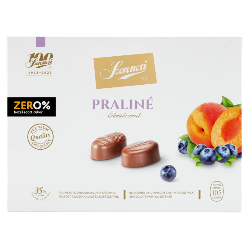 Szerencsi Zero% praliné áfonyás és sárgabarackos krémmel töltött tejcsokoládé édesítőszerrel 105 g