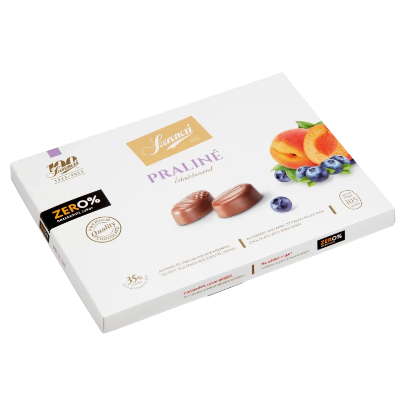Szerencsi Zero% praliné áfonyás és sárgabarackos krémmel töltött tejcsokoládé édesítőszerrel 105 g