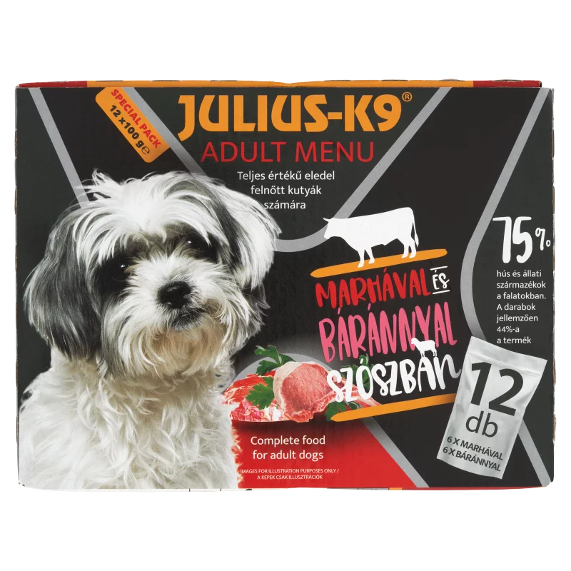 Julius-K9 teljes értékű állateledel felnőtt kutyák számára marhával báránnyal szószban 12 x 100 g