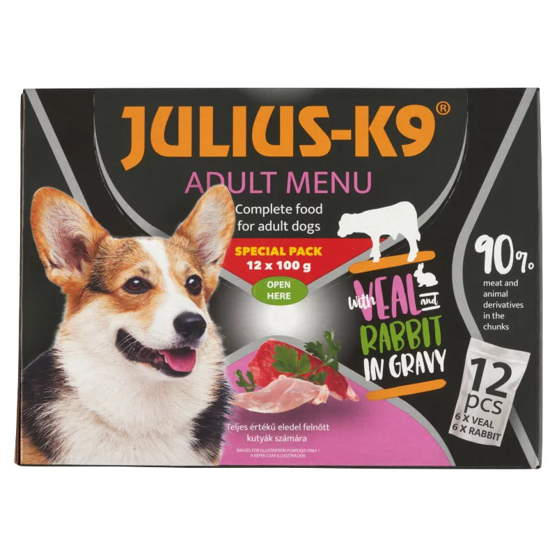Julius-K9 teljes értékű eledel felnőtt kutyák számára borjúval, nyúllal szószban 12 x 100 g (1,2 kg)