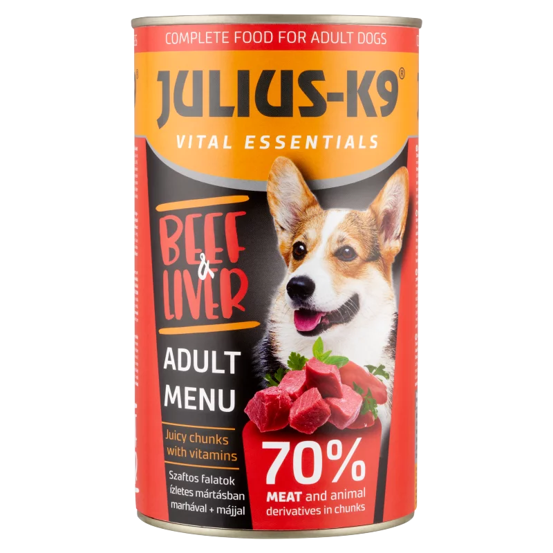 Julius-K9 teljes értékű állateledel felnőtt kutyák számára mártásban marhával + májjal 1230 g