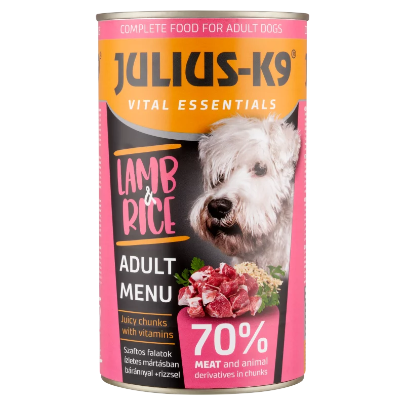 Julius-K9 teljes értékű állateledel felnőtt kutyák számára mártásban báránnyal + rizzsel 1230 g