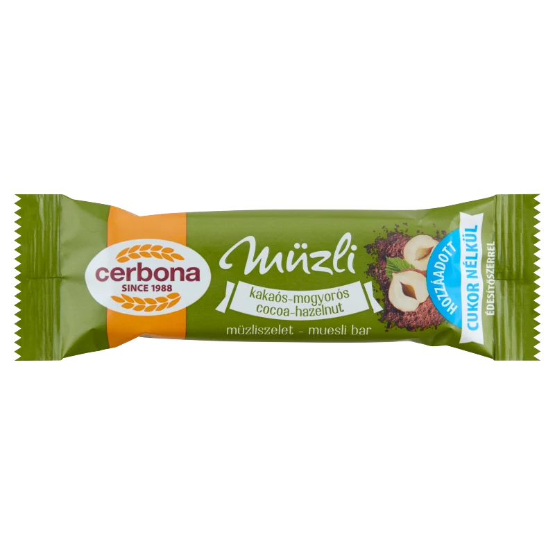 Cerbona kakaós-mogyorós müzliszelet hozzáadott cukor nélkül, édesítőszerrel 20 g