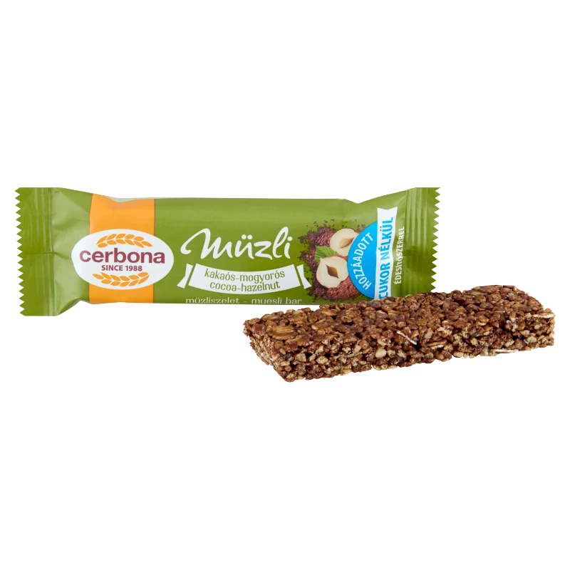 Cerbona kakaós-mogyorós müzliszelet hozzáadott cukor nélkül, édesítőszerrel 20 g