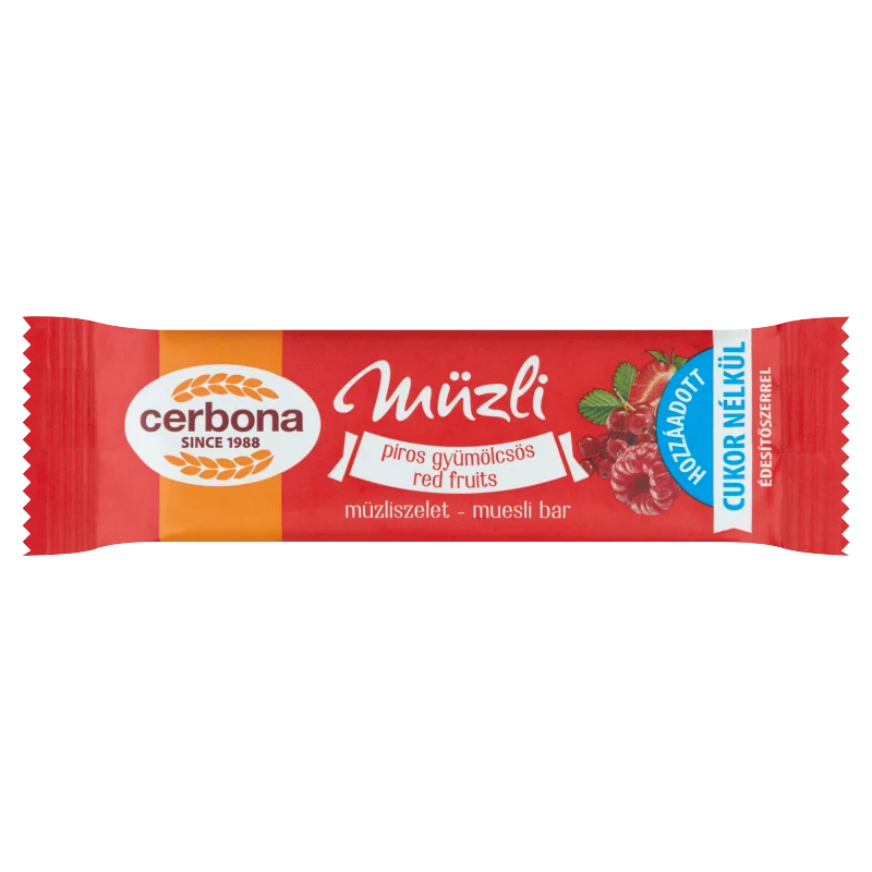 Cerbona piros gyümölcsös müzliszelet cukor hozzáadása nélkül, édesítőszerrel 20 g