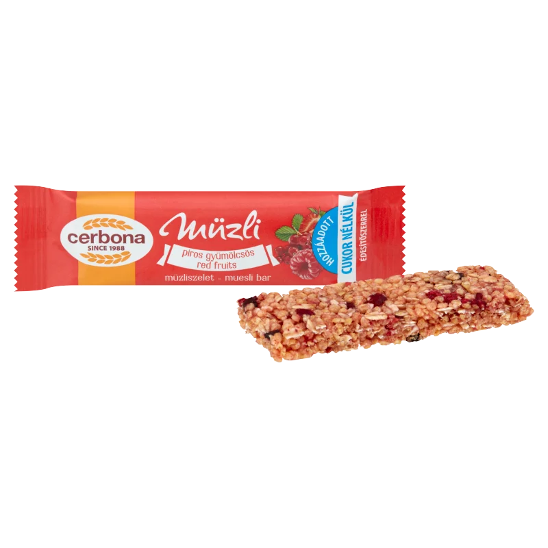 Cerbona piros gyümölcsös müzliszelet cukor hozzáadása nélkül, édesítőszerrel 20 g