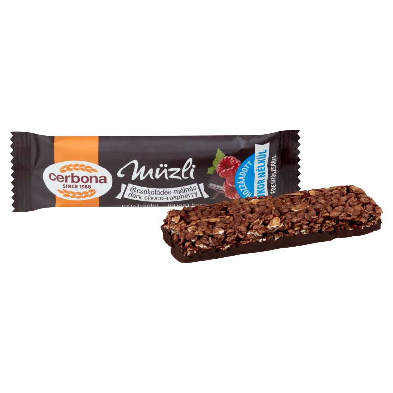 Cerbona étcsokoládés-málnás müzliszelet hozzáadott cukor nélkül, édesítőszerrel 20 g