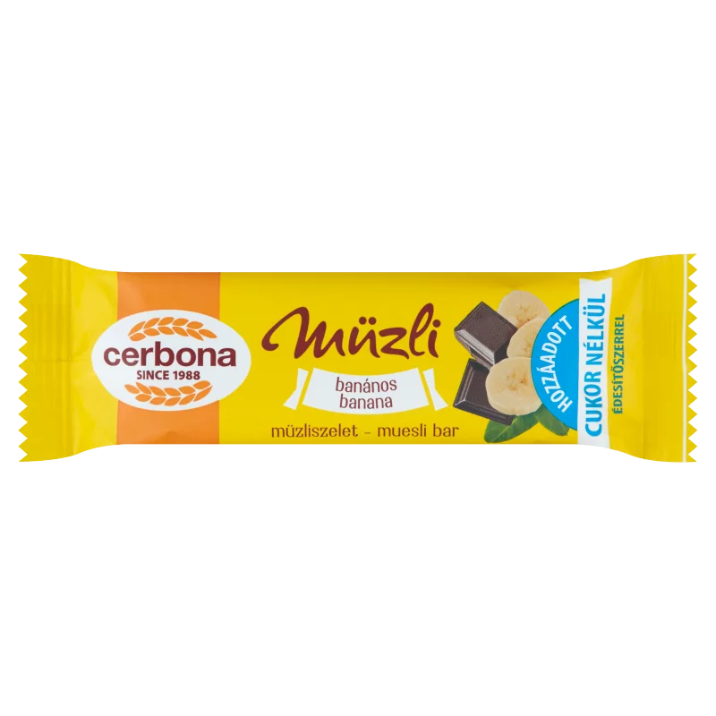 Cerbona banános müzliszelet kakaós tejbevonó talppal, cukor hozzáadása nélkül, édesítőszerekkel 20 g