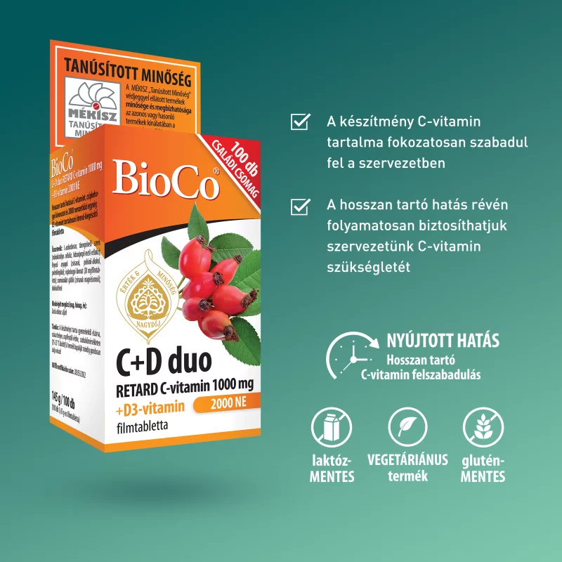 BioCo C+D duo Retard C-vitamin 1000 mg + D3-vitamin 2000 NE filmtabletta 100 x 1,45 g (145 g)
