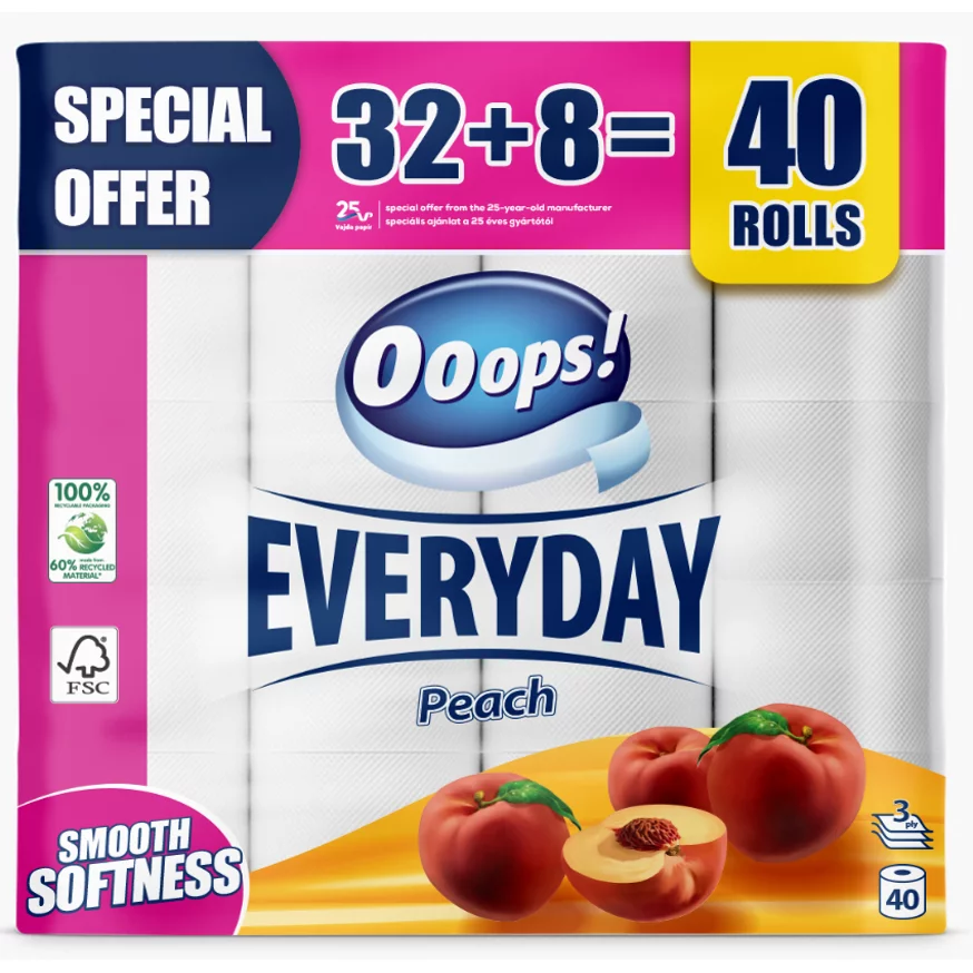 Ooops! Everyday wc papír 32+8 tekercses 3rétegű 4600 lap barackos