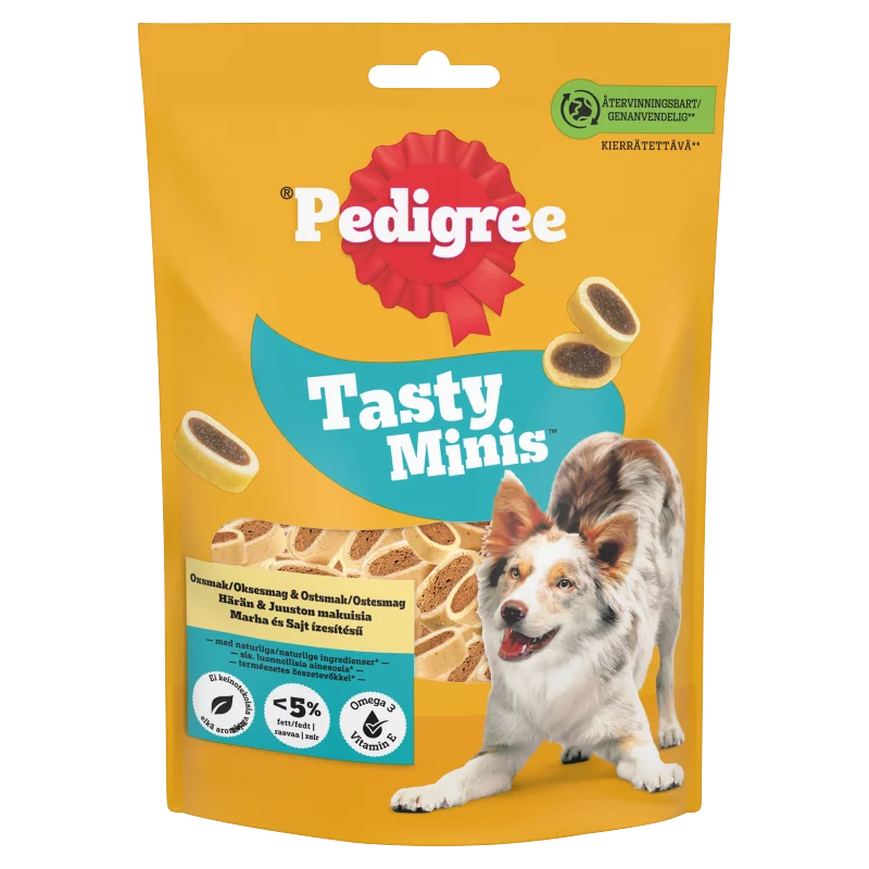 Pedigree Tasty Minis marha és sajt ízesítésű kiegészítő állateledel felnőtt kutyák számára 140 g