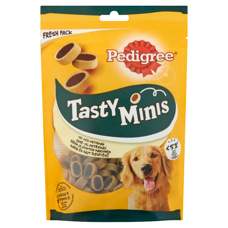 Pedigree Tasty Minis marha és sajt ízesítésű kiegészítő állateledel felnőtt kutyák számára 140 g