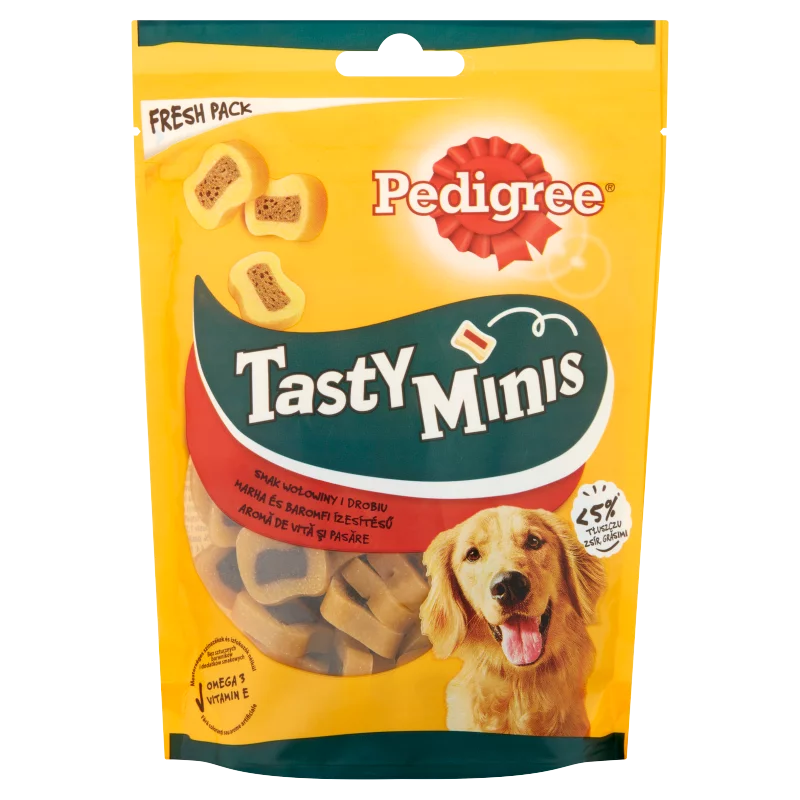 Pedigree Tasty Minis  marha és baromfi ízesítésű kiegészítő állateledel felnőtt kutyák számára 155 g