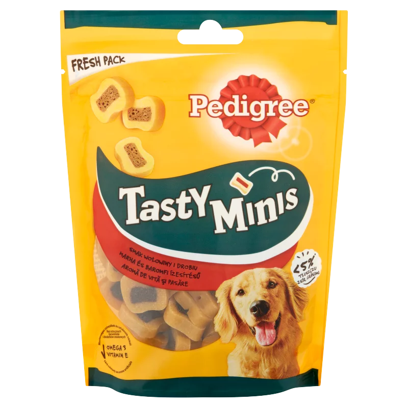 Pedigree Tasty Minis  marha és baromfi ízesítésű kiegészítő állateledel felnőtt kutyák számára 155 g
