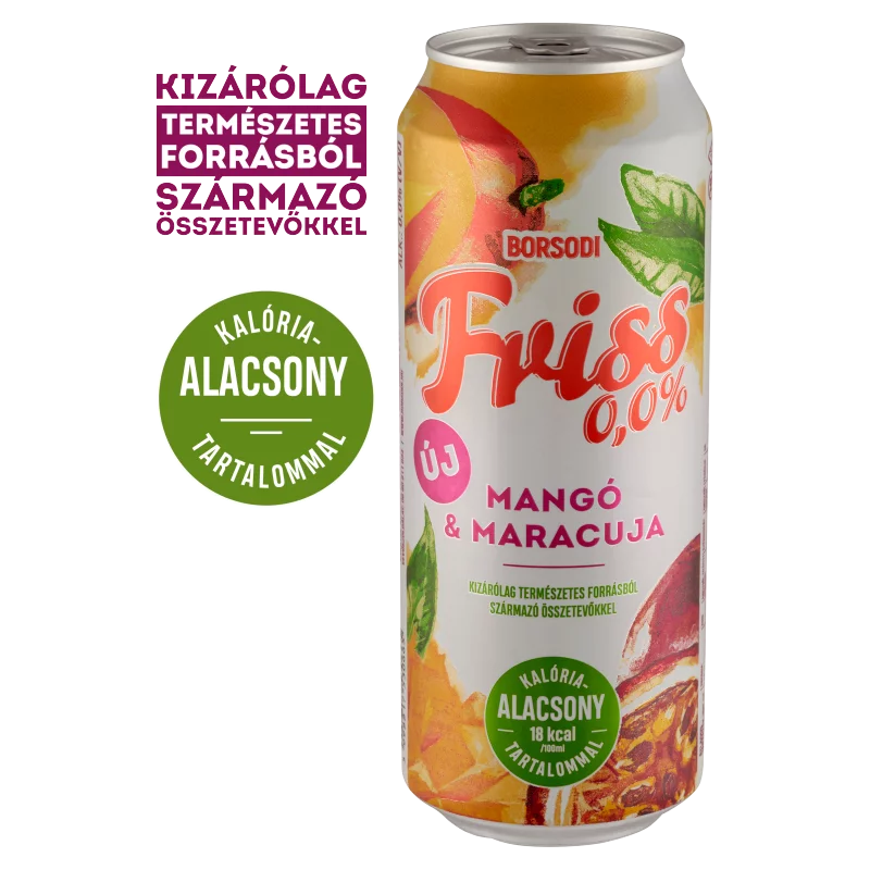 Borsodi Friss 0,0% mangó-maracuja ízű ital és alkoholmentes világos sör keveréke 0,5 l