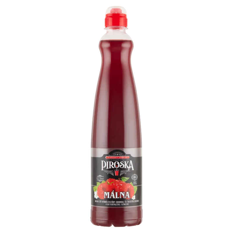 Piroska málna ízű gyümölcsszörp feketerépalével színezve, cukorral és édesítőszerekkel 0,7 l