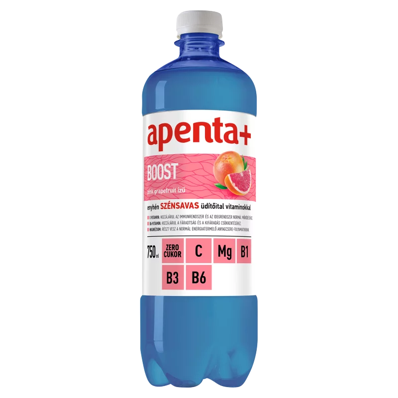 Apenta+ Boost pink grapefruit ízű, enyhén szénsavas, energiamentes üdítőital édesítőszerekkel 750 ml