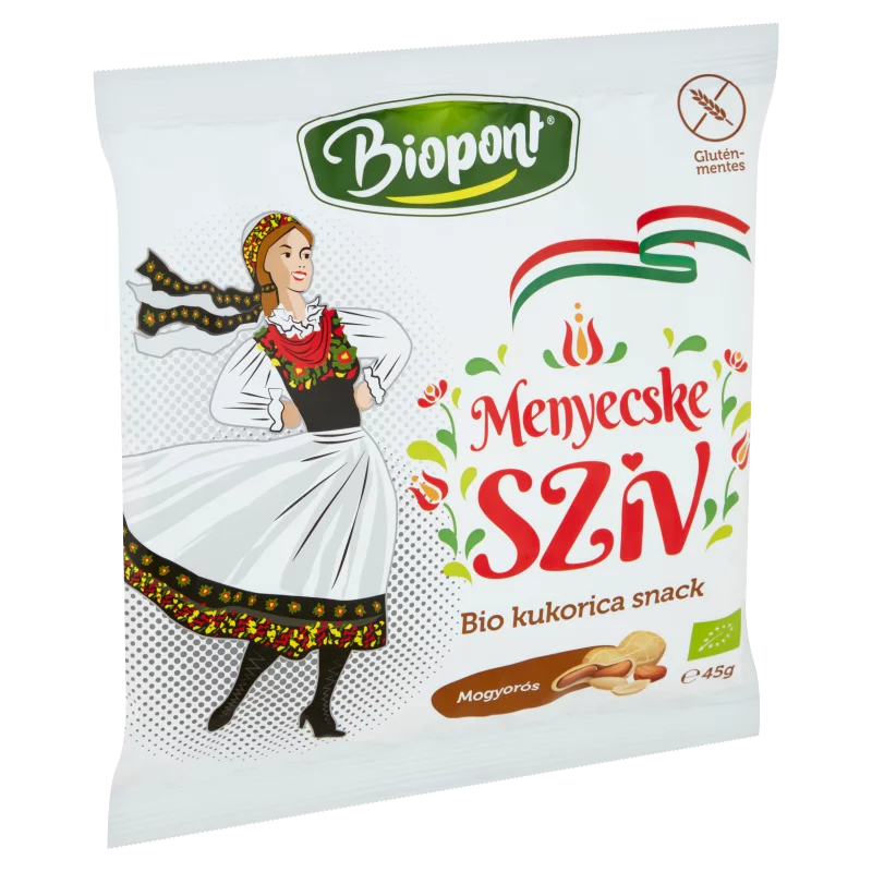 Biopont Menyecske Szív bio gluténmentes mogyorós kukorica snack 45 g