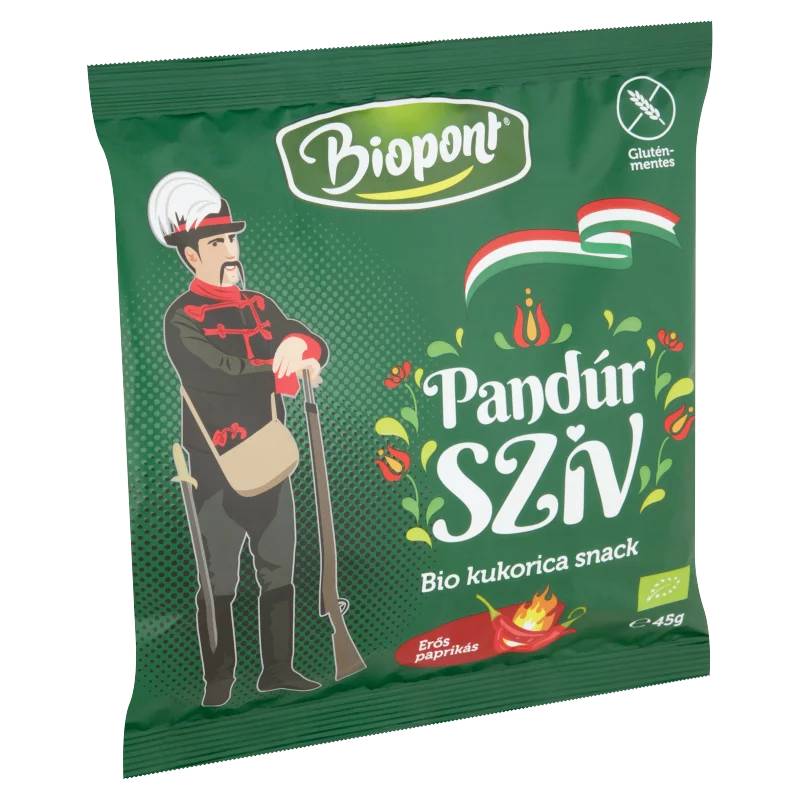 Biopont Pandúr Szív bio gluténmentes erős paprikás kukorica snack 45 g