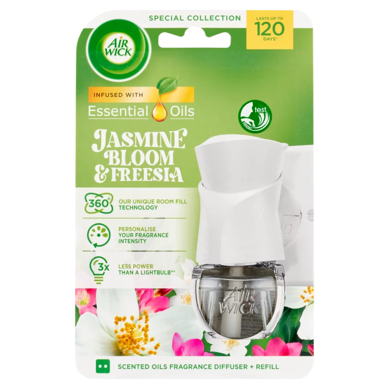 Air Wick Essential Oils Virágzó Jázmin és frézia elektromos légfrissítő készülék & utántöltő 19 ml