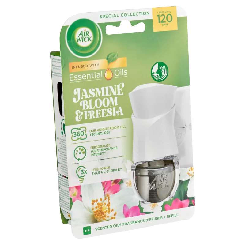 Air Wick Essential Oils Virágzó Jázmin és frézia elektromos légfrissítő készülék & utántöltő 19 ml