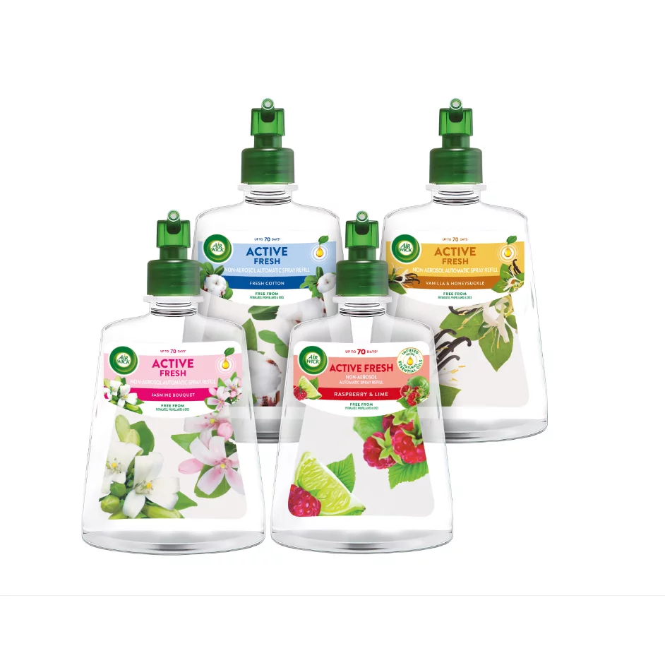 Air Wick Active Fresh légfrissítő utántöltő csomag 4x228ml (málna&lime, vanília-jázminl, jázmin, friss pamut)