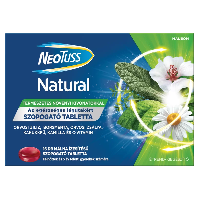NeoTuss Natural málna ízesítésű szopogató tabletta felnőttek és 5 év feletti gyerekek számára 16 db