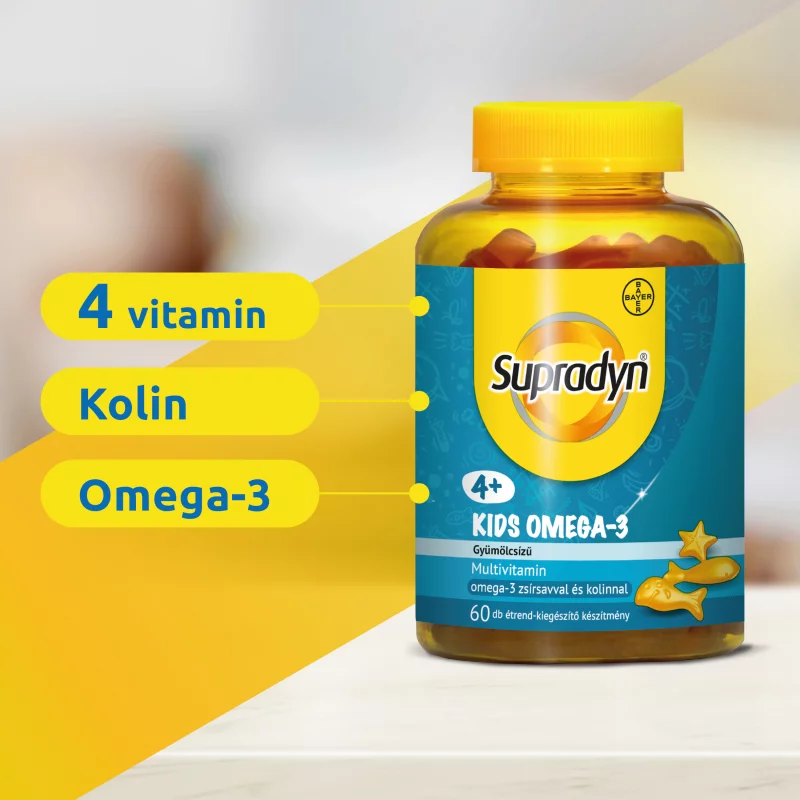 Supradyn Kids gyümölcsízű étrend-kiegészítő multivitamin omega-3-mal és kolinnal 60 db 240 g