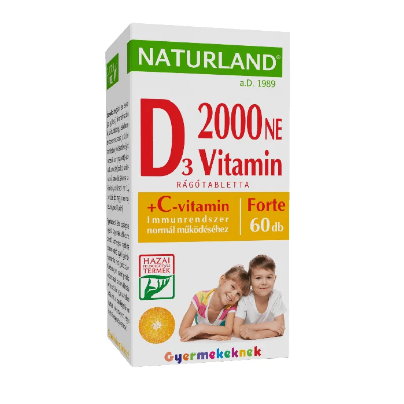 Naturland Premium D-vitamin 2000 NE + C-vitamin forte étrend-kiegészítő rágótabletta 60 db 53,40 g