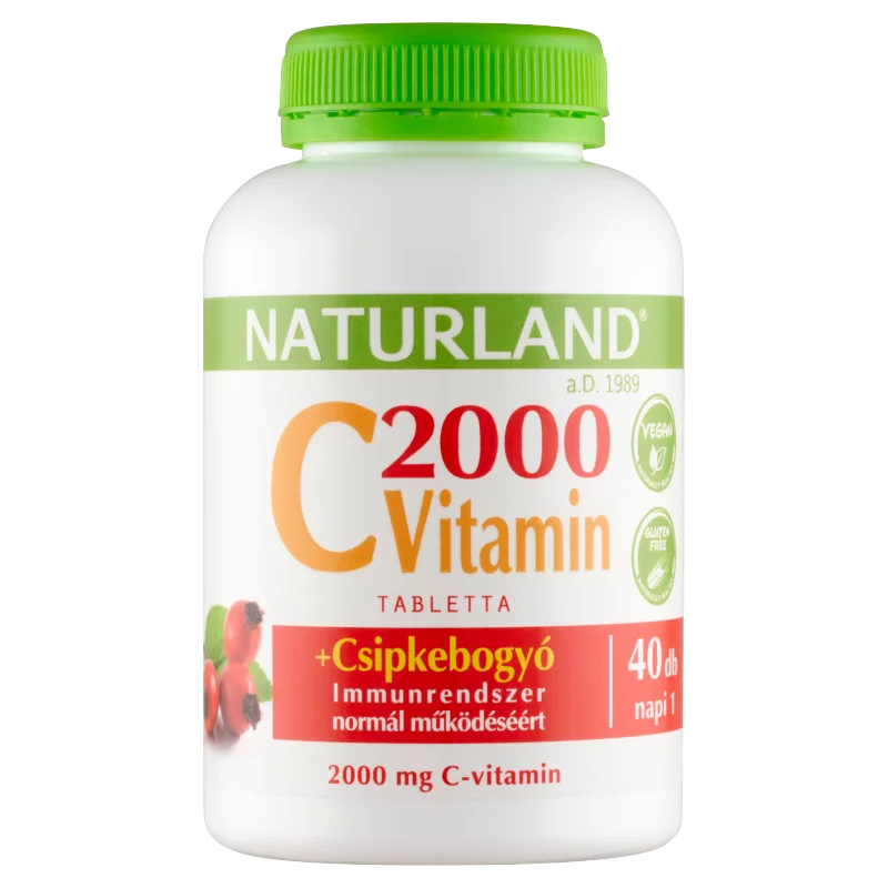 Naturland 2000 mg C-vitamin + csipkebogyó kivonat étrend-kiegészítő tabletta 40 db 90 g