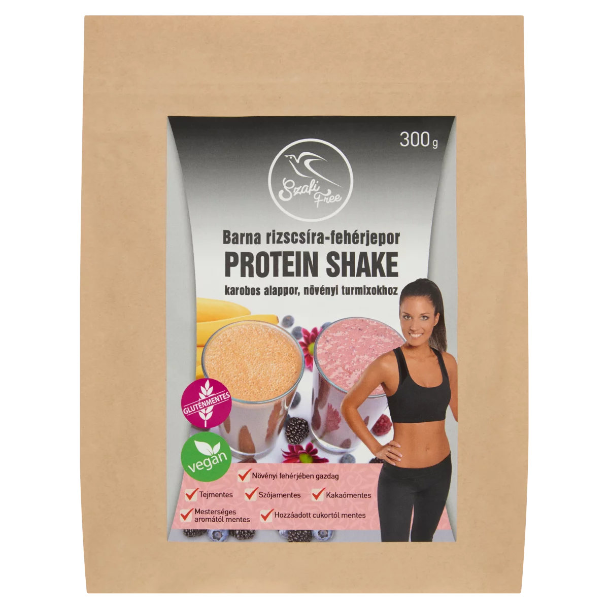 Szafi Free barna rizscsíra-fehérjeporból készült protein shake karobos alappor 300 g