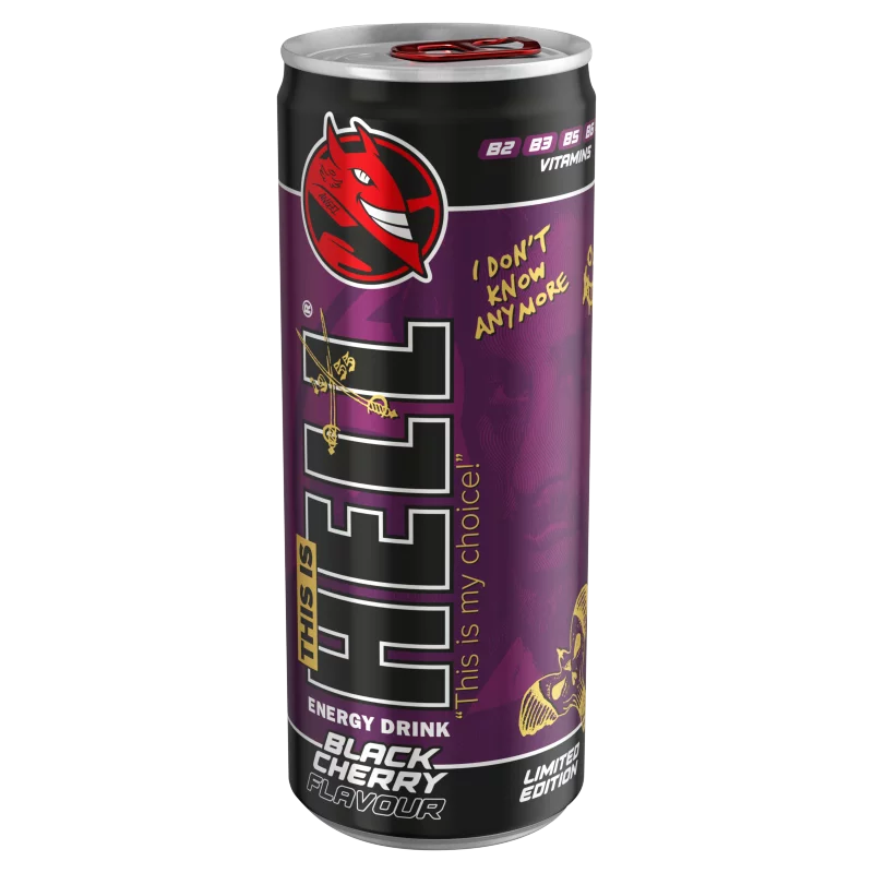 HELL Black Cherry fekete cseresznye- és tuttifruttiízű, koffeintartalmú szénsavas ital 250 ml