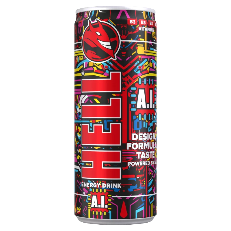 HELL A.I. tutti-frutti- és bogyós gyümölcsízű koffeintartalmú szénsavas, alkoholmentes ital 250 ml