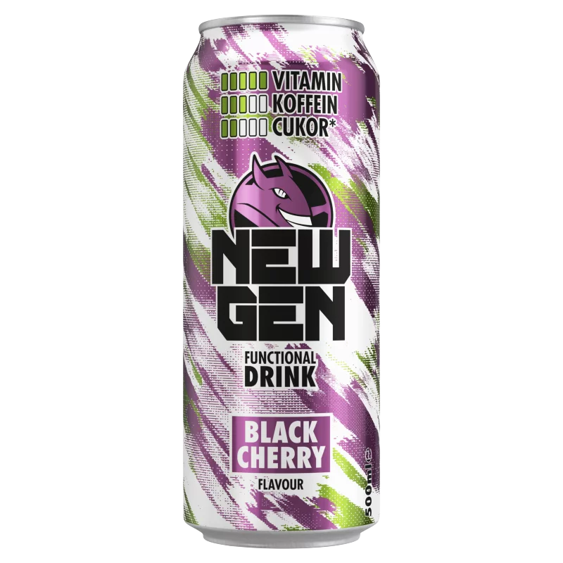 New Gen fekete cseresznye- és tuttifruttiízű, koffeintartalmú, szénsavas, alkoholmentes ital 500 ml