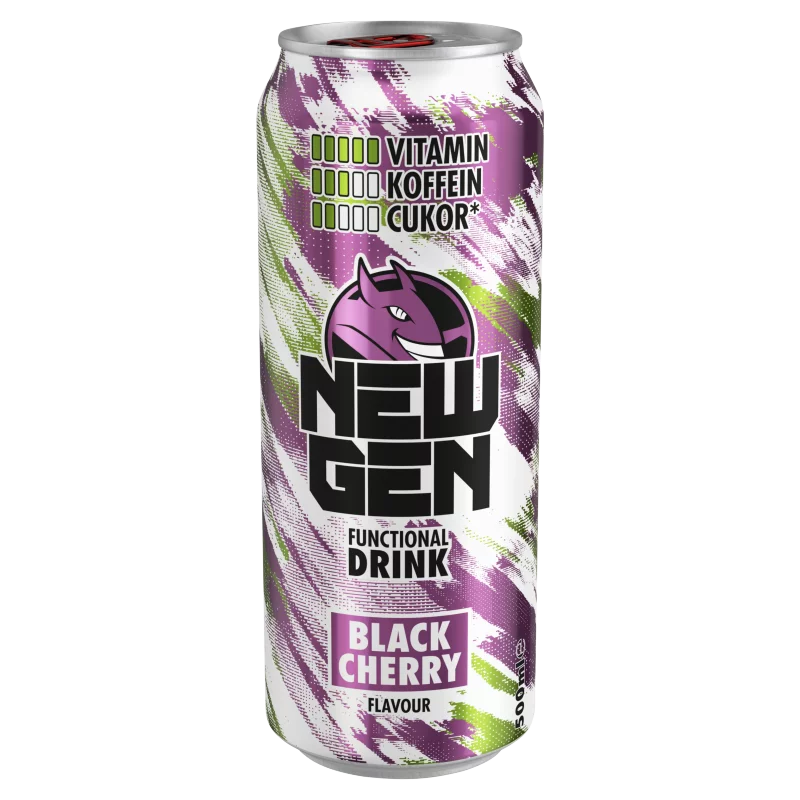 New Gen fekete cseresznye- és tuttifruttiízű, koffeintartalmú, szénsavas, alkoholmentes ital 500 ml