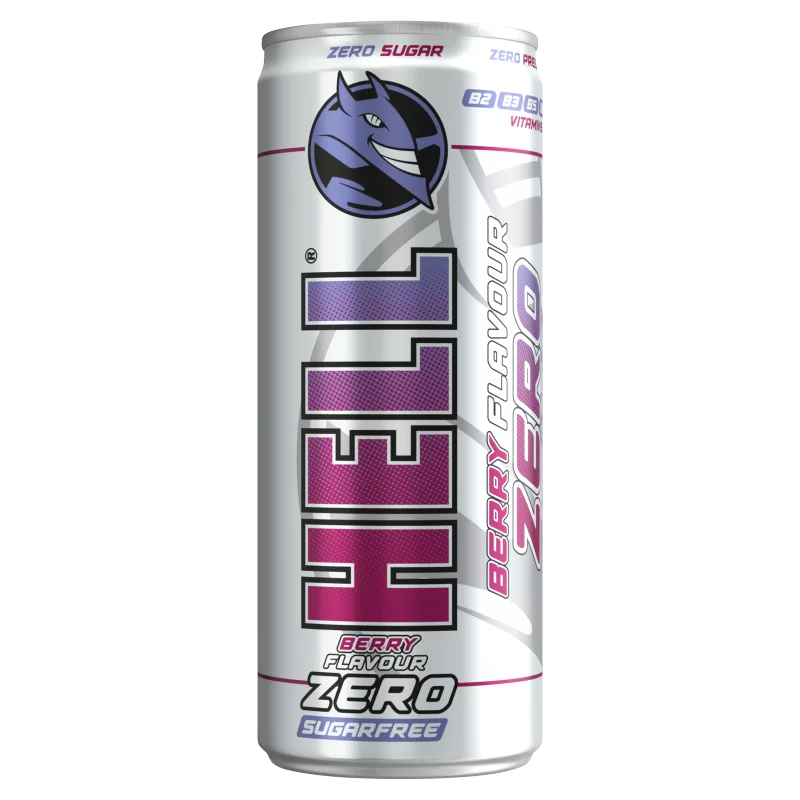 HELL Zero tutti-frutti- és bogyós gyümölcsízű, koffeintartalmú, szénsavas, alkoholmentes ital 250 ml