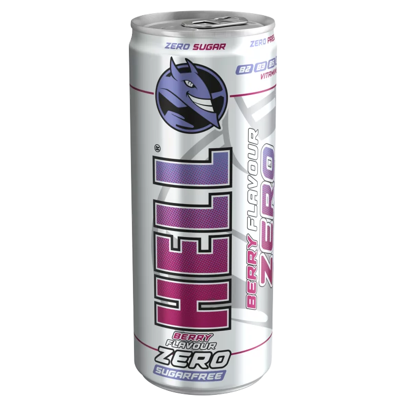 HELL Zero tutti-frutti- és bogyós gyümölcsízű, koffeintartalmú, szénsavas, alkoholmentes ital 250 ml