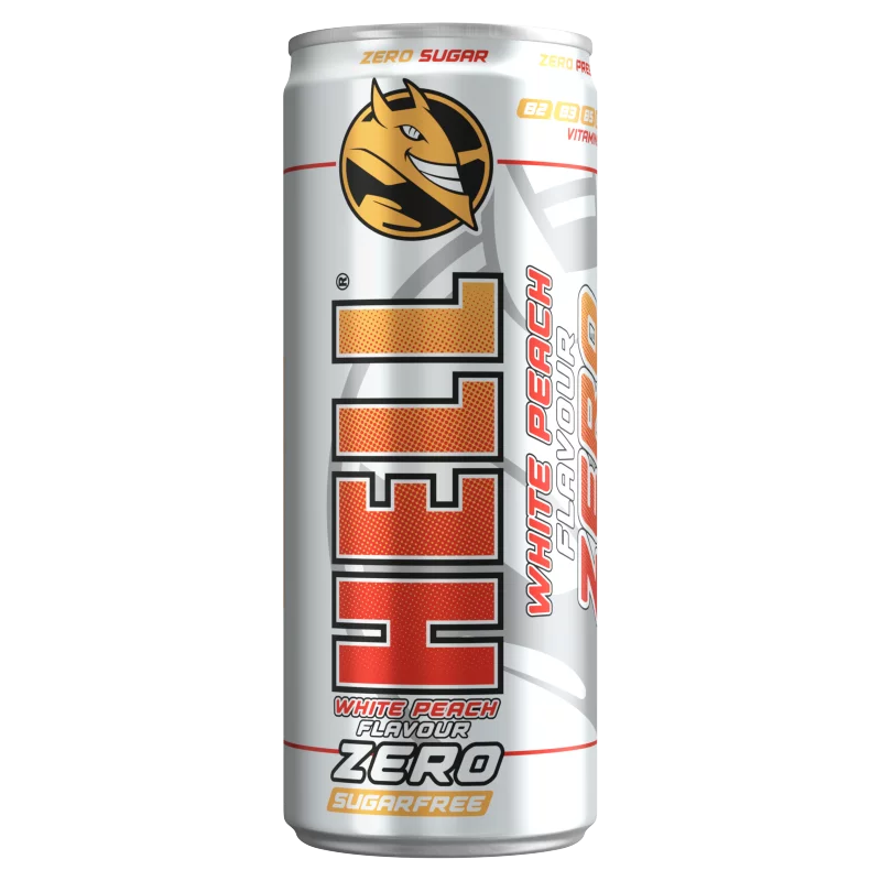 HELL Zero fehér őszibarackízű, koffeintartalmú, szénsavas, alkoholmentes ital 250 ml