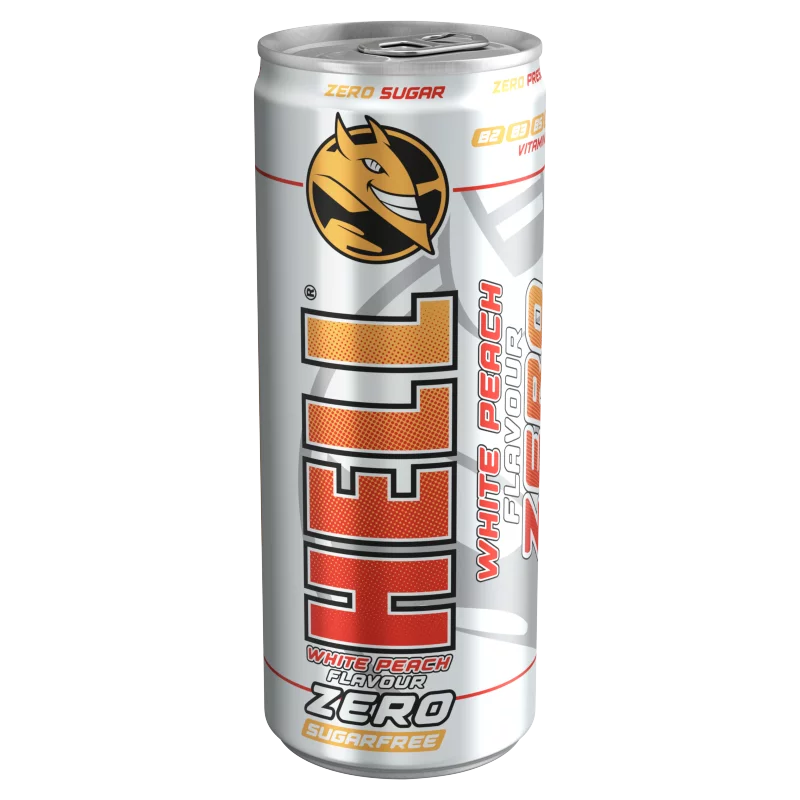 HELL Zero fehér őszibarackízű, koffeintartalmú, szénsavas, alkoholmentes ital 250 ml