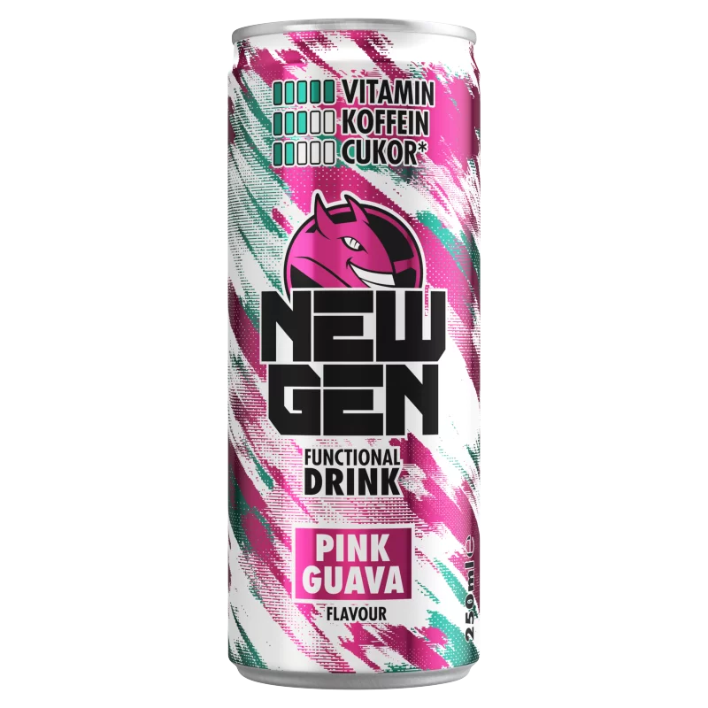New Gen rózsaszín guava- és tuttifruttiízű, koffeintartalmú, szénsavas, alkoholmentes ital 250 ml