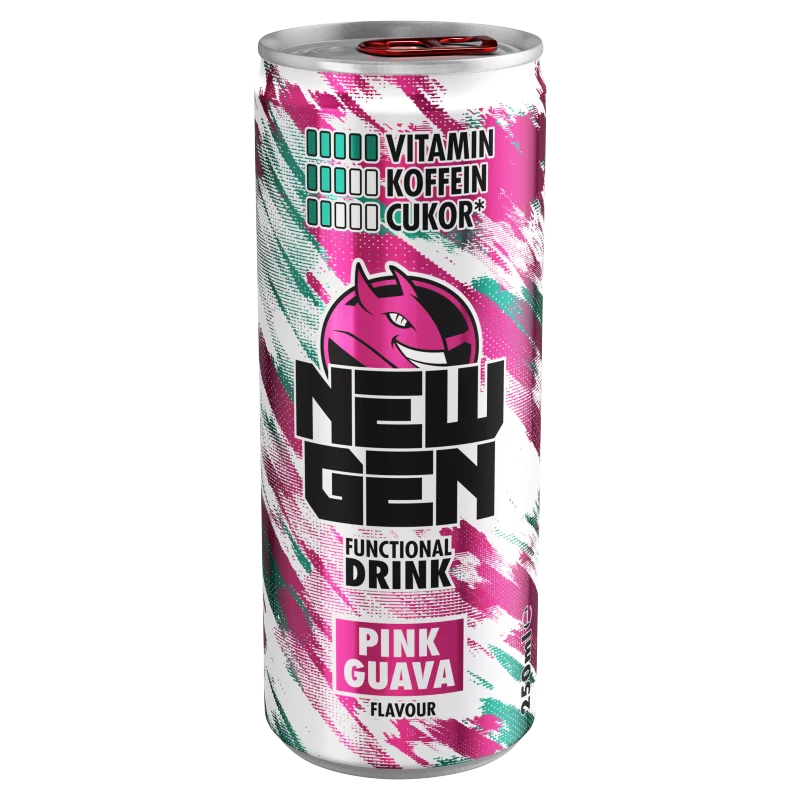 New Gen rózsaszín guava- és tuttifruttiízű, koffeintartalmú, szénsavas, alkoholmentes ital 250 ml