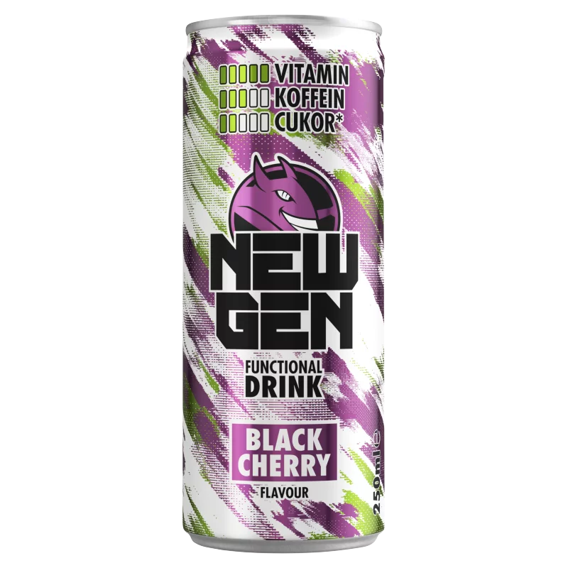 New Gen fekete cseresznye- és tuttifruttiízű, koffeintartalmú, szénsavas, alkoholmentes ital 250 ml