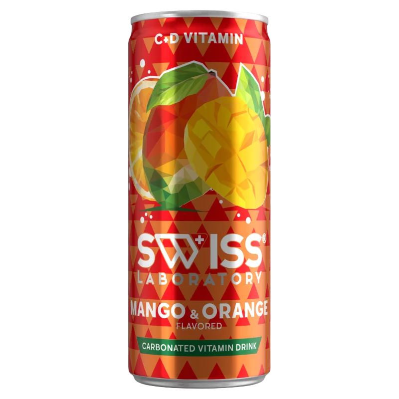 Swiss Laboratory mangó-narancs ízű szénsavas ital vitaminnal, svájci fűszernövény kivonattal 250 ml